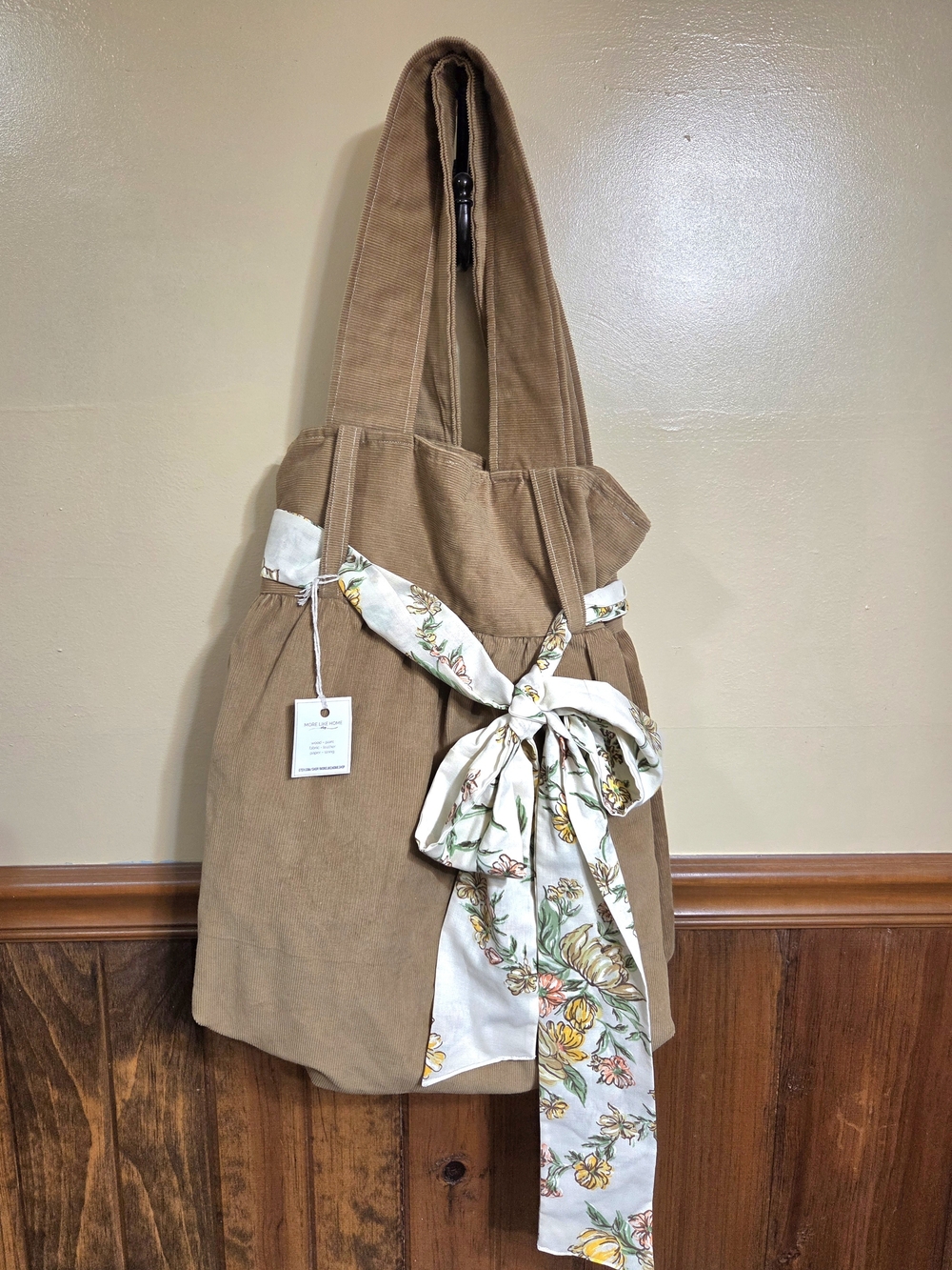 Handmade Corduroy Purse Shoulder Tote Art Bag Tan w Floral Ribbon Etsy NWT Boho.